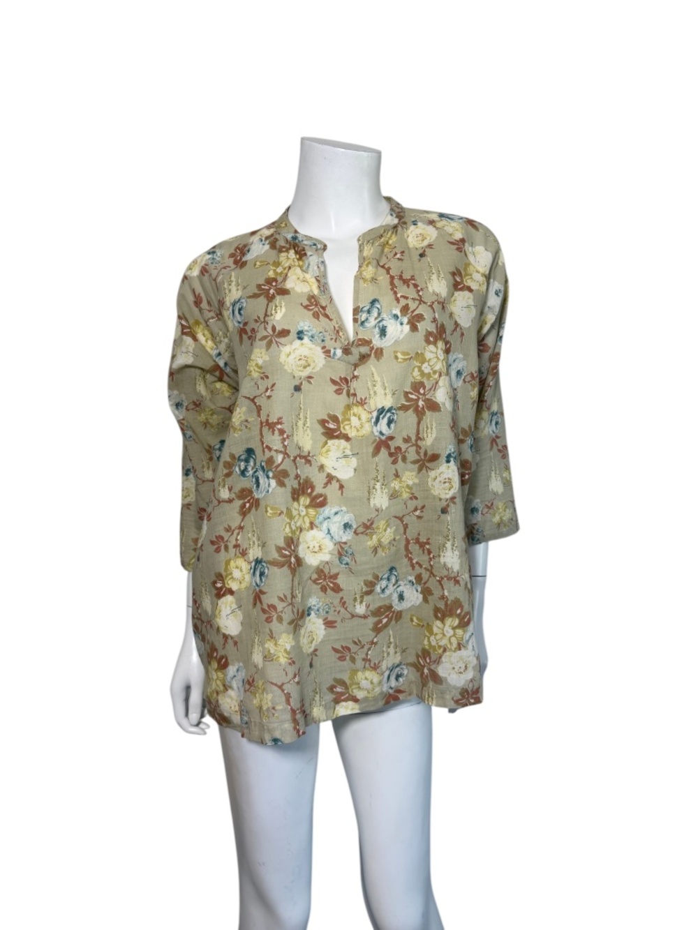 BSBEE Khadi Cotton Floral Tunic Blouse Sz S Beige